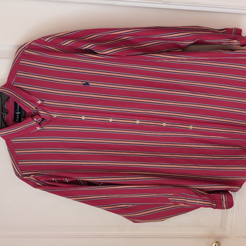 Ralph Lauren Raspberry Striped Classic Fit Dress Shirt. Size Large